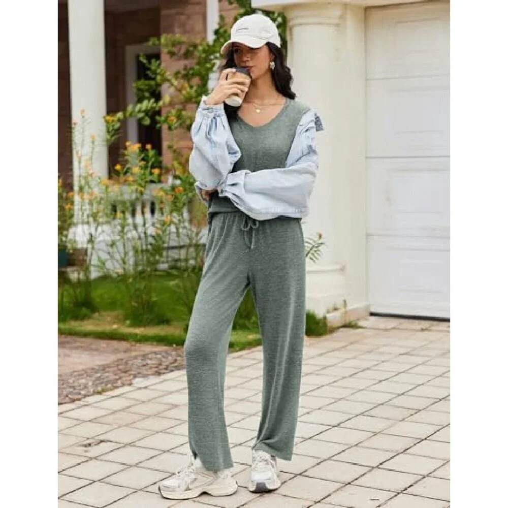 Soft Long Sleeve Pajama Set V-Neck Lounge Wear S-XXL